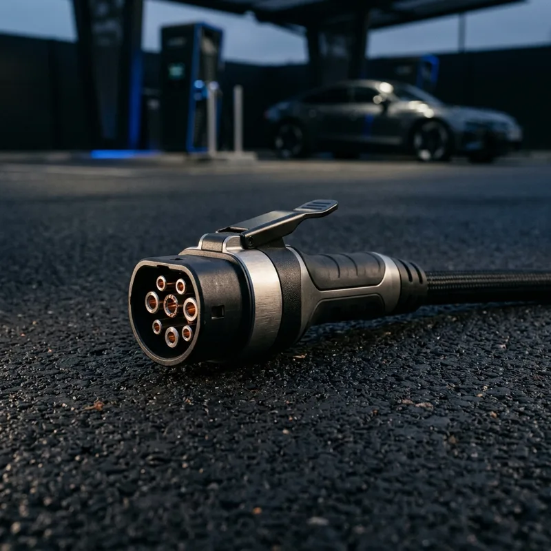 Electric vehicle charging connector resting on asphalt near a charging station