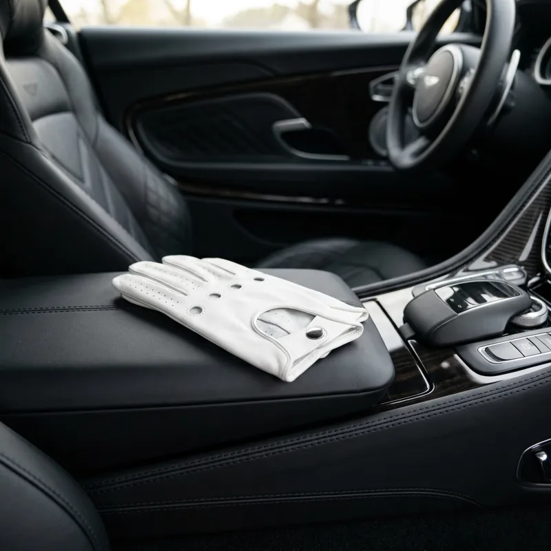 Luxury car interior with white driving gloves resting on the center console